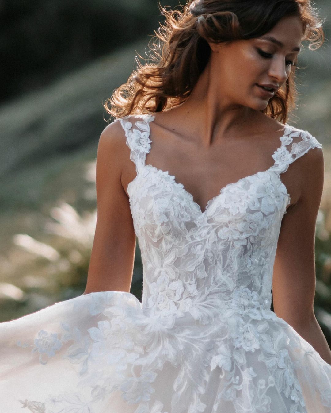 A-line V-neck Long Wedding Dress With Tulle Backless and Lace-BallBride