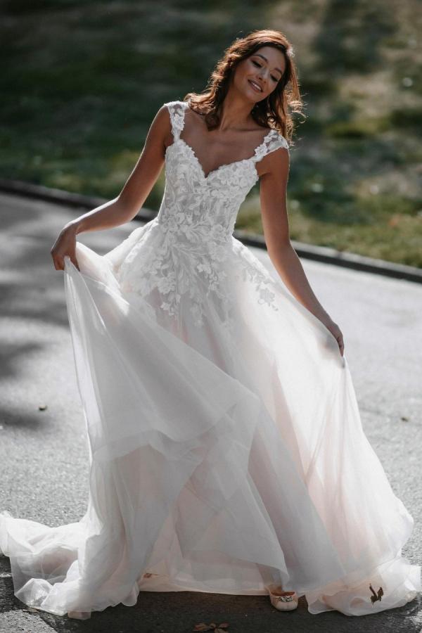 A-line V-neck Long Wedding Dress With Tulle Backless and Lace-BallBride