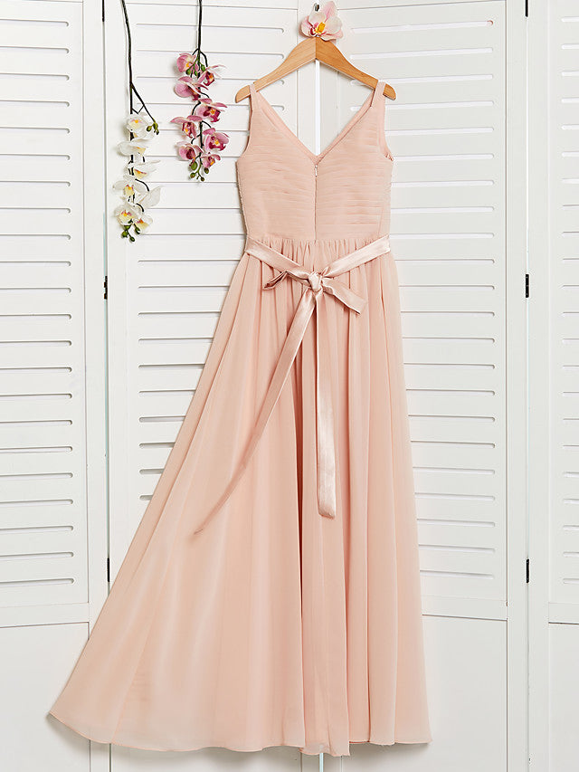 A-Line V Neck Maxi Chiffon Junior Flower Girl Dress With Sash Ribbon Ruching-BallBride