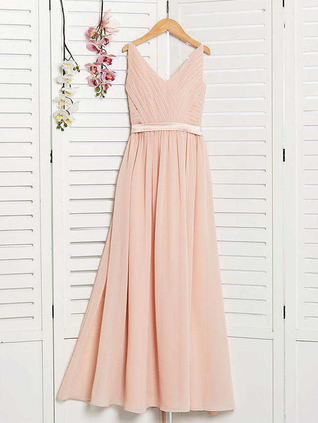 A-Line V Neck Maxi Chiffon Junior Flower Girl Dress With Sash Ribbon Ruching-BallBride