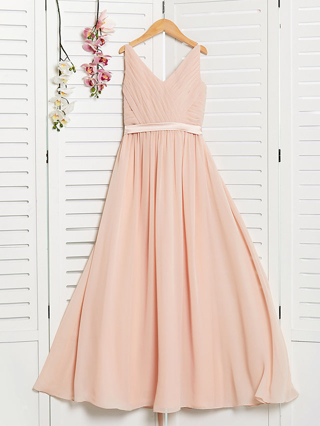 A-Line V Neck Maxi Chiffon Junior Flower Girl Dress With Sash Ribbon Ruching-BallBride