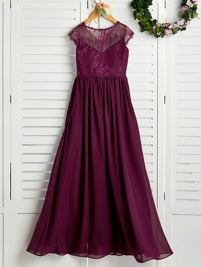 A-Line V Neck Maxi Chiffon/Lace Junior Bridesmaid Dress With Appliques-BallBride