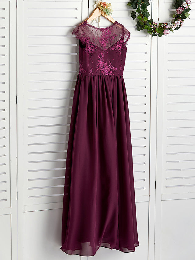 A-Line V Neck Maxi Chiffon/Lace Junior Bridesmaid Dress With Appliques-BallBride