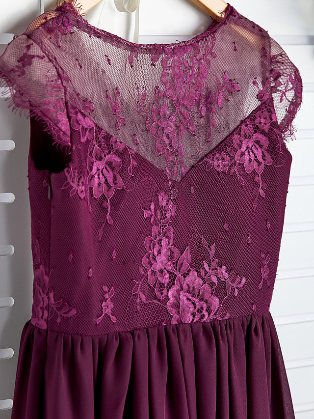 A-Line V Neck Maxi Chiffon/Lace Junior Bridesmaid Dress With Appliques-BallBride