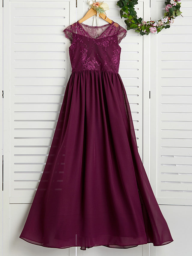 A-Line V Neck Maxi Chiffon/Lace Junior Bridesmaid Dress With Appliques-BallBride
