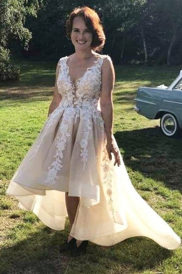 A-Line V-neck Open Back Hi-Lo Ruffles Tulle Wedding Dress With Appliques Lace-BallBride