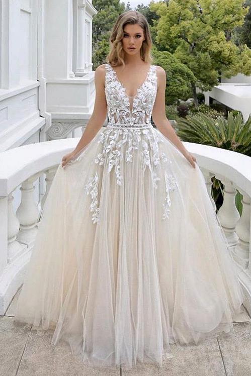 A-line V-neck Sleeveless Backless Wedding Dress with Lace Tulle - Luxury Long-BallBride