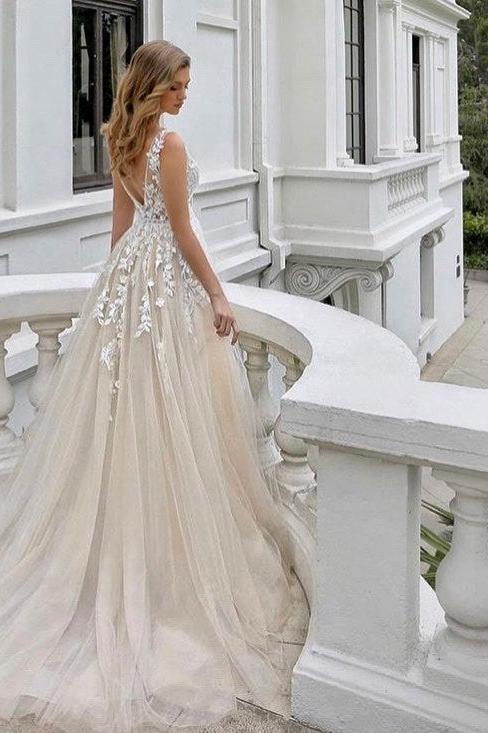 A-line V-neck Sleeveless Backless Wedding Dress with Lace Tulle - Luxury Long-BallBride