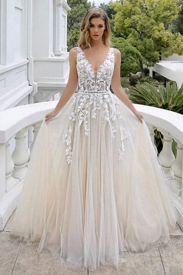 A-line V-neck Sleeveless Backless Wedding Dress with Lace Tulle - Luxury Long-BallBride