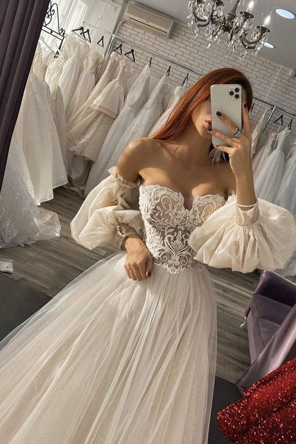 A-line Wedding Dress with Appliques and Off The Shoulder Long Sleeves-BallBride