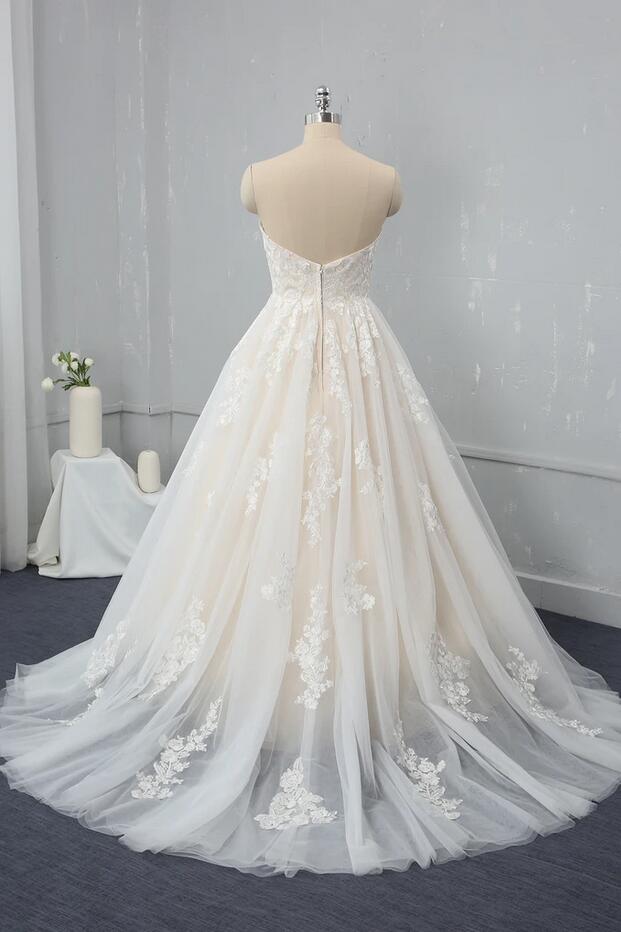 A-Line Wedding Dress With Lace Appliques and Tulle Sweetheart Backless Floor-length Elegance-BallBride