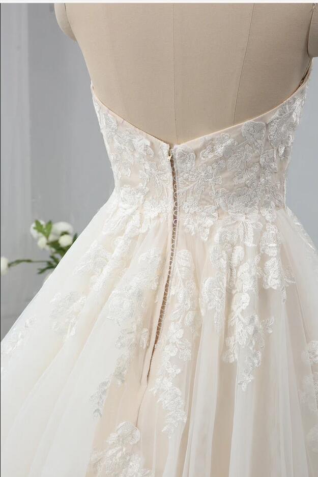 A-Line Wedding Dress With Lace Appliques and Tulle Sweetheart Backless Floor-length Elegance-BallBride