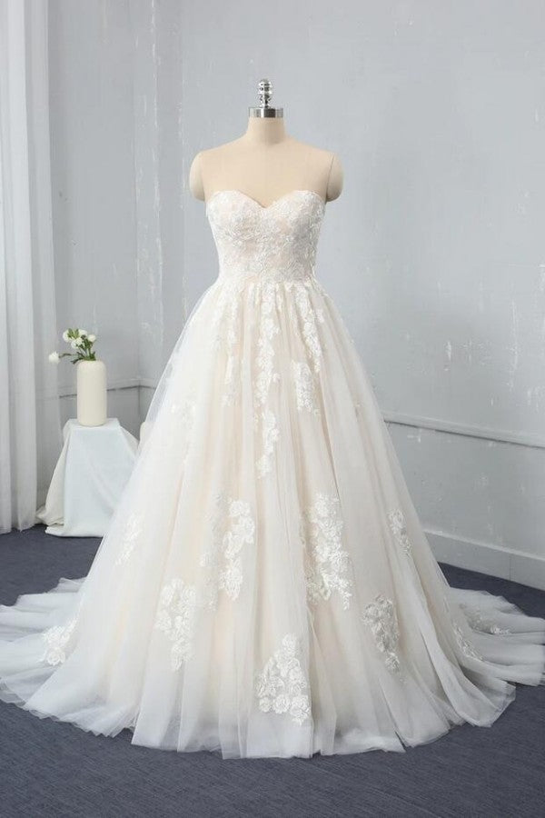A-Line Wedding Dress With Lace Appliques and Tulle Sweetheart Backless Floor-length Elegance-BallBride