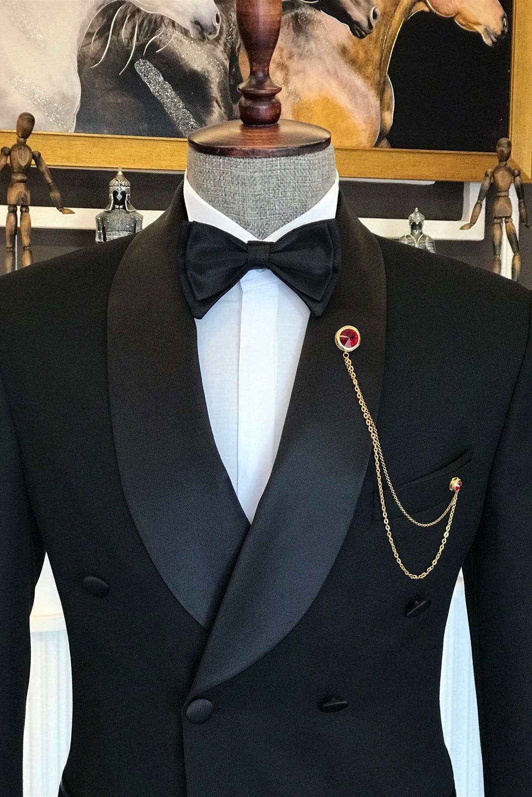 Abner Stylish Black Double Breasted Slim Fit Tailored Men Suit with Shawl Lapel-BallBride