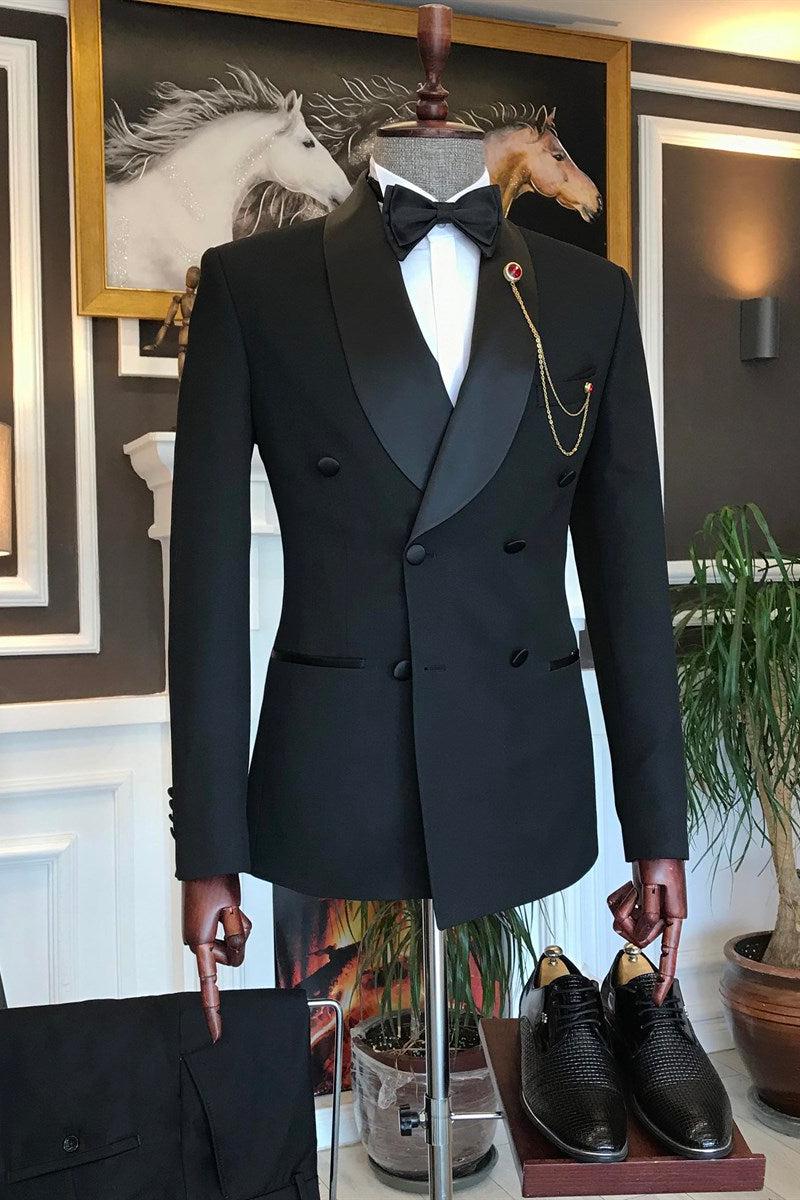 Abner Stylish Black Double Breasted Slim Fit Tailored Men Suit with Shawl Lapel-BallBride