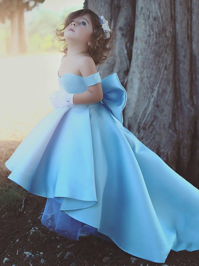 Adorable Satin Ball Gown Short Sleeve Off Shoulder Flower Girl Dress with Bow Tier-BallBride
