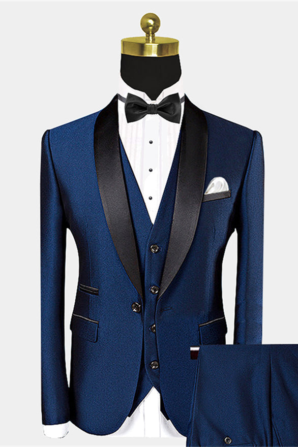 Advanced Dark Navy Blue Shawl Lapel Wedding Suit with Black Bow Tie-BallBride