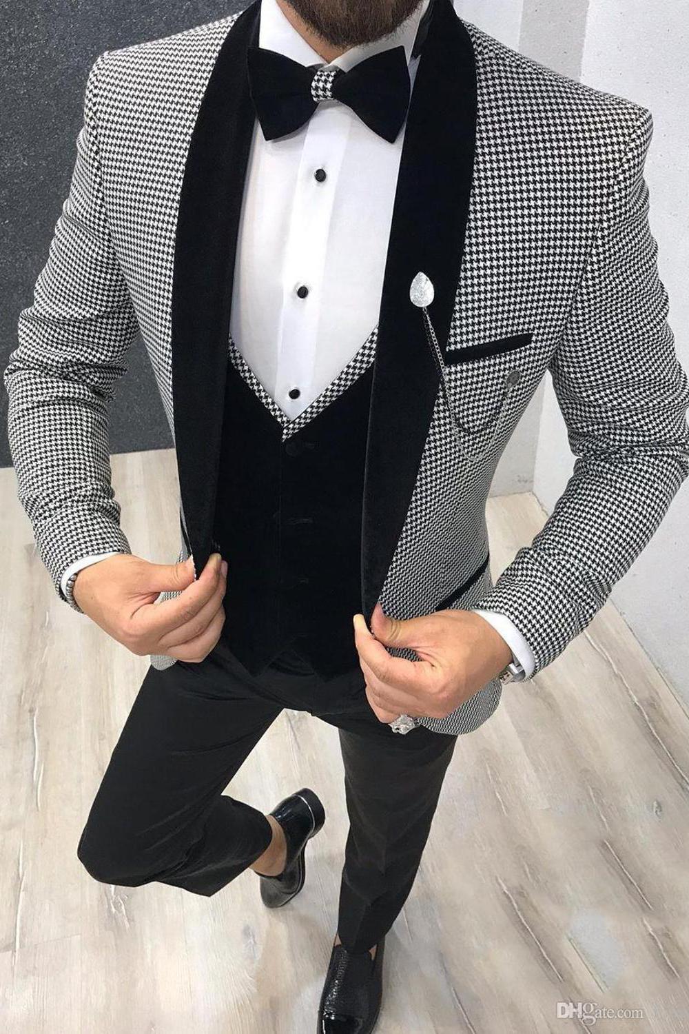 Ahmed Three Pieces Men Suits with Black Houndstooth Shawl Lapel-BallBride