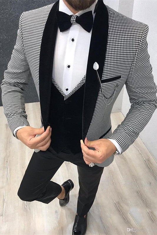 Ahmed Three Pieces Men Suits with Black Houndstooth Shawl Lapel-BallBride