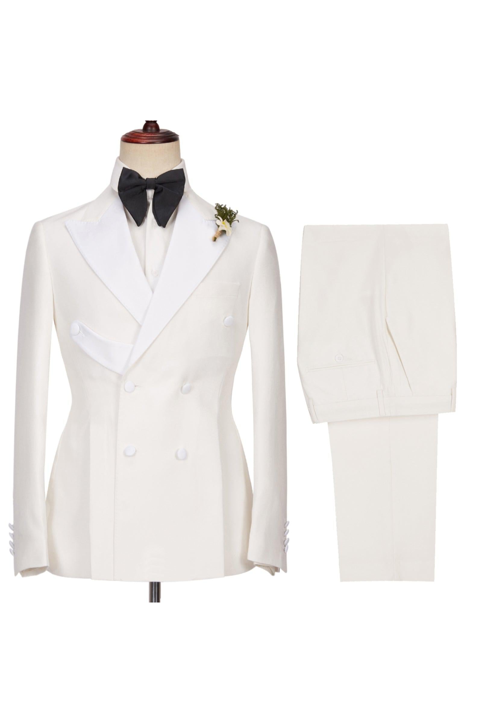 Alejandro Chic White Two-Piece Wedding Suits with Peaked Lapel Double Breasted-BallBride