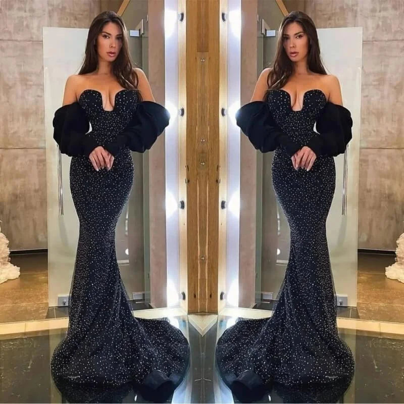 Amazing Black Mermaid Evening Dress Long With Beads Detachable Sleeves-BallBride