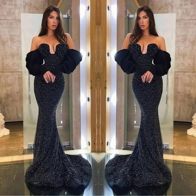 Amazing Black Mermaid Evening Dress with Detachable Beaded Sleeves-BallBride