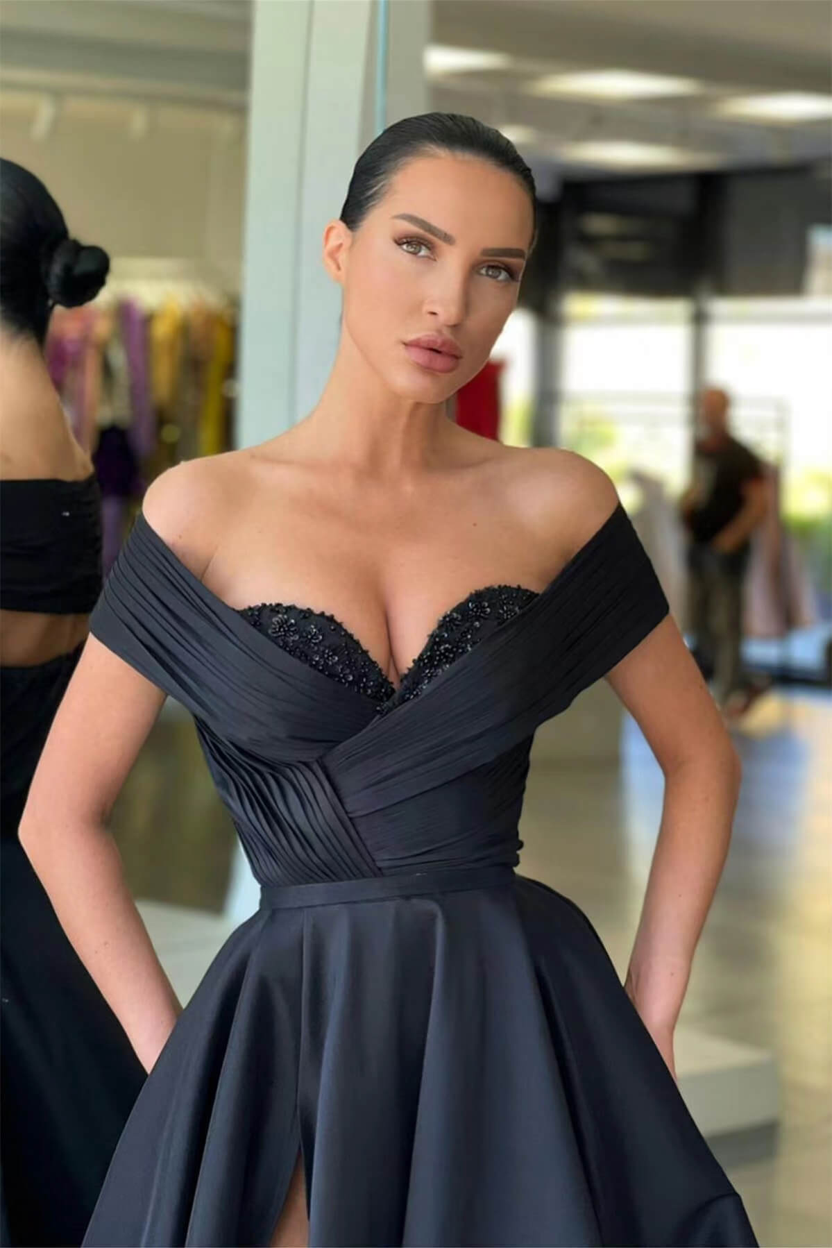 Amazing Black Off-the-Shoulder Evening Dress with Beaded Split Long Skirt-BallBride