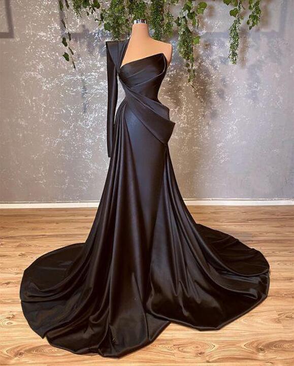 Amazing Black One-Shoulder Long Sleeve Prom Dress Mermaid Long-BallBride