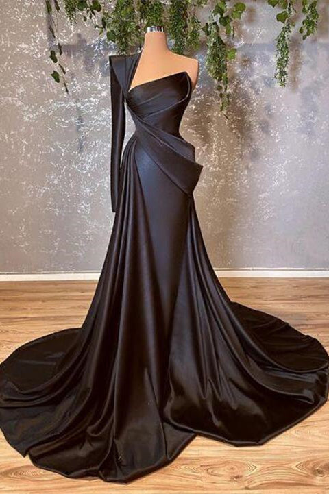 Amazing Black One-Shoulder Long Sleeve Prom Dress Mermaid Long-BallBride