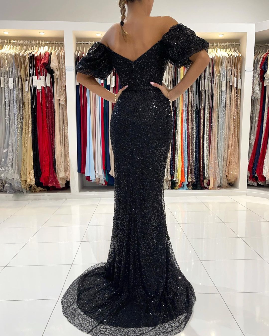 Amazing Black Sequins Prom Dress Mermaid Long for Off-the-Shoulder Look-BallBride