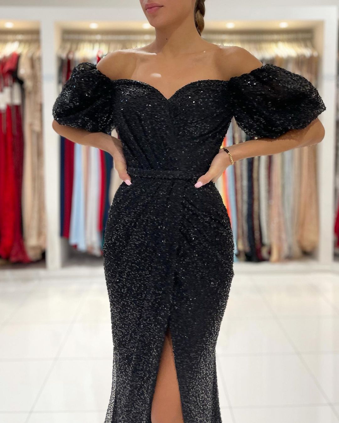 Amazing Black Sequins Prom Dress Mermaid Long for Off-the-Shoulder Look-BallBride