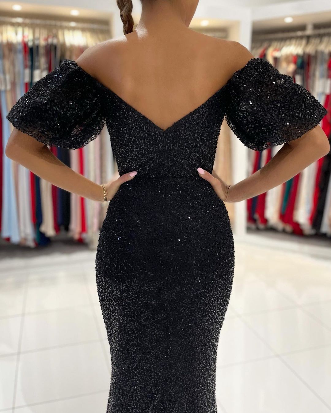 Amazing Black Sequins Prom Dress Mermaid Long for Off-the-Shoulder Look-BallBride