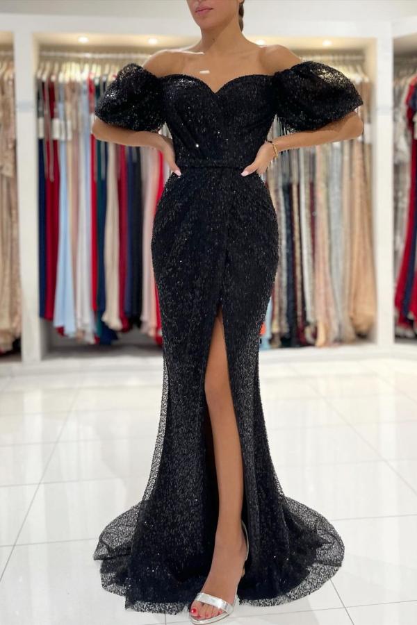 Amazing Black Sequins Prom Dress Mermaid Long for Off-the-Shoulder Look-BallBride