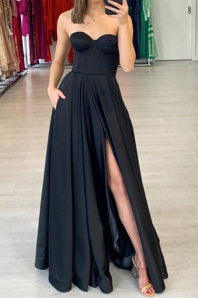 Amazing Black Sweetheart Long Prom Dress with Pockets-BallBride