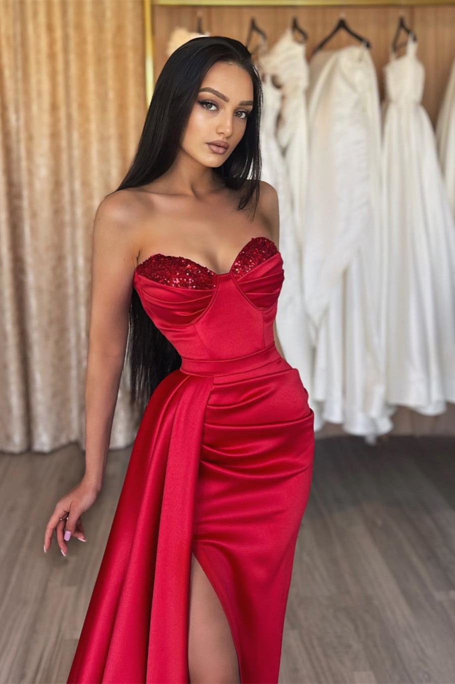 Amazing Bugundy Sweetheart Mermaid Evening Dress with Split Long, Sequins and Ruffles-BallBride