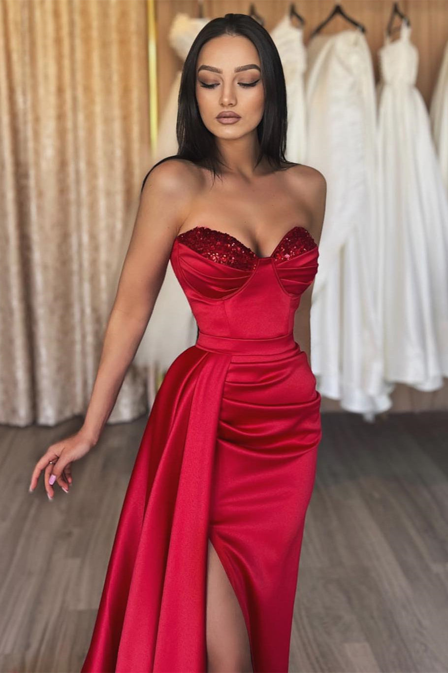 Amazing Bugundy Sweetheart Mermaid Evening Dress with Split Long, Sequins and Ruffles-BallBride