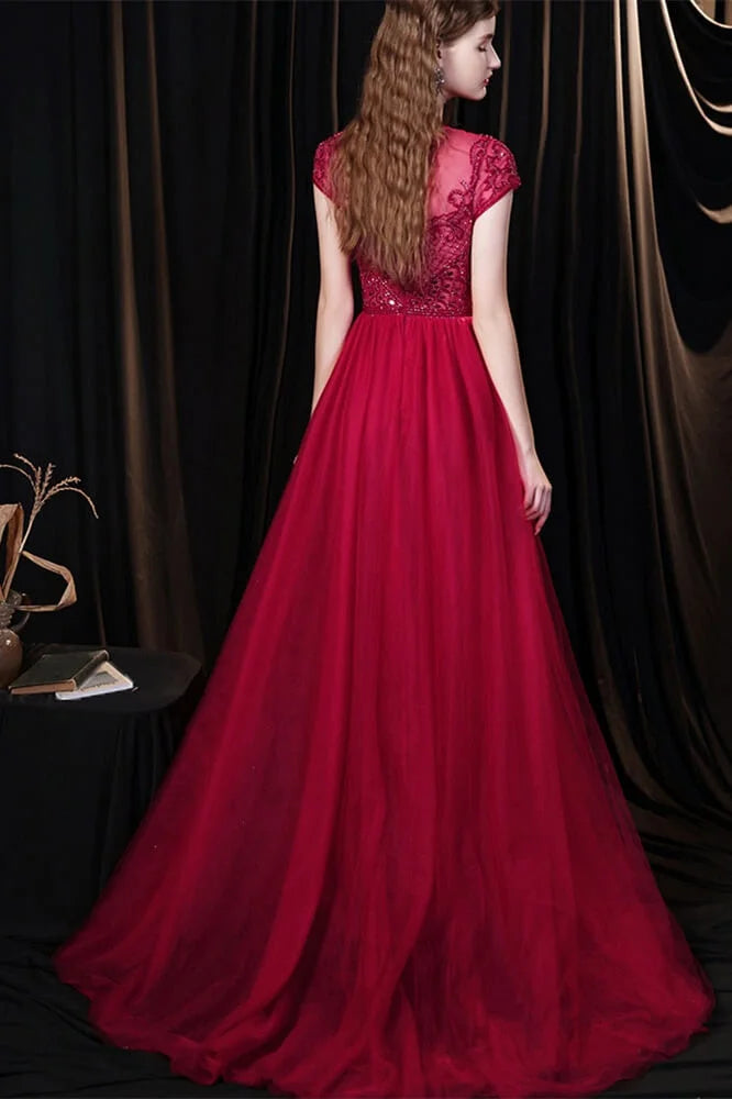 Amazing Burgundy Cap Sleeves Tulle Evening Party Gowns With Beadings-BallBride