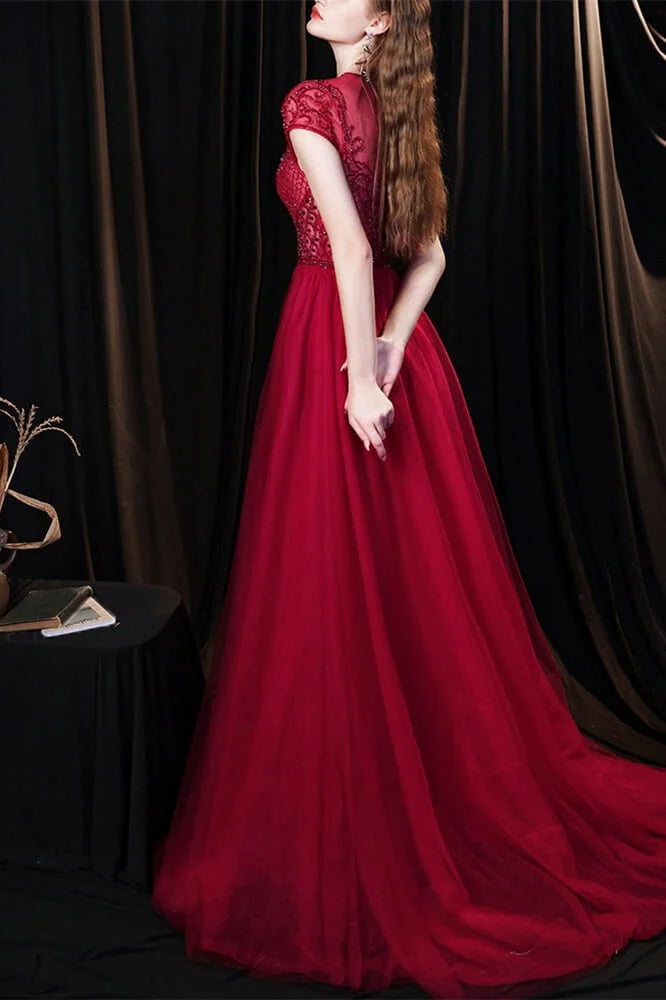 Amazing Burgundy Cap Sleeves Tulle Evening Party Gowns With Beadings-BallBride
