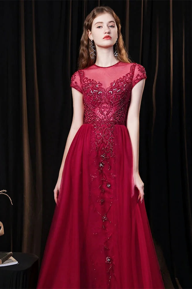 Amazing Burgundy Cap Sleeves Tulle Evening Party Gowns With Beadings-BallBride