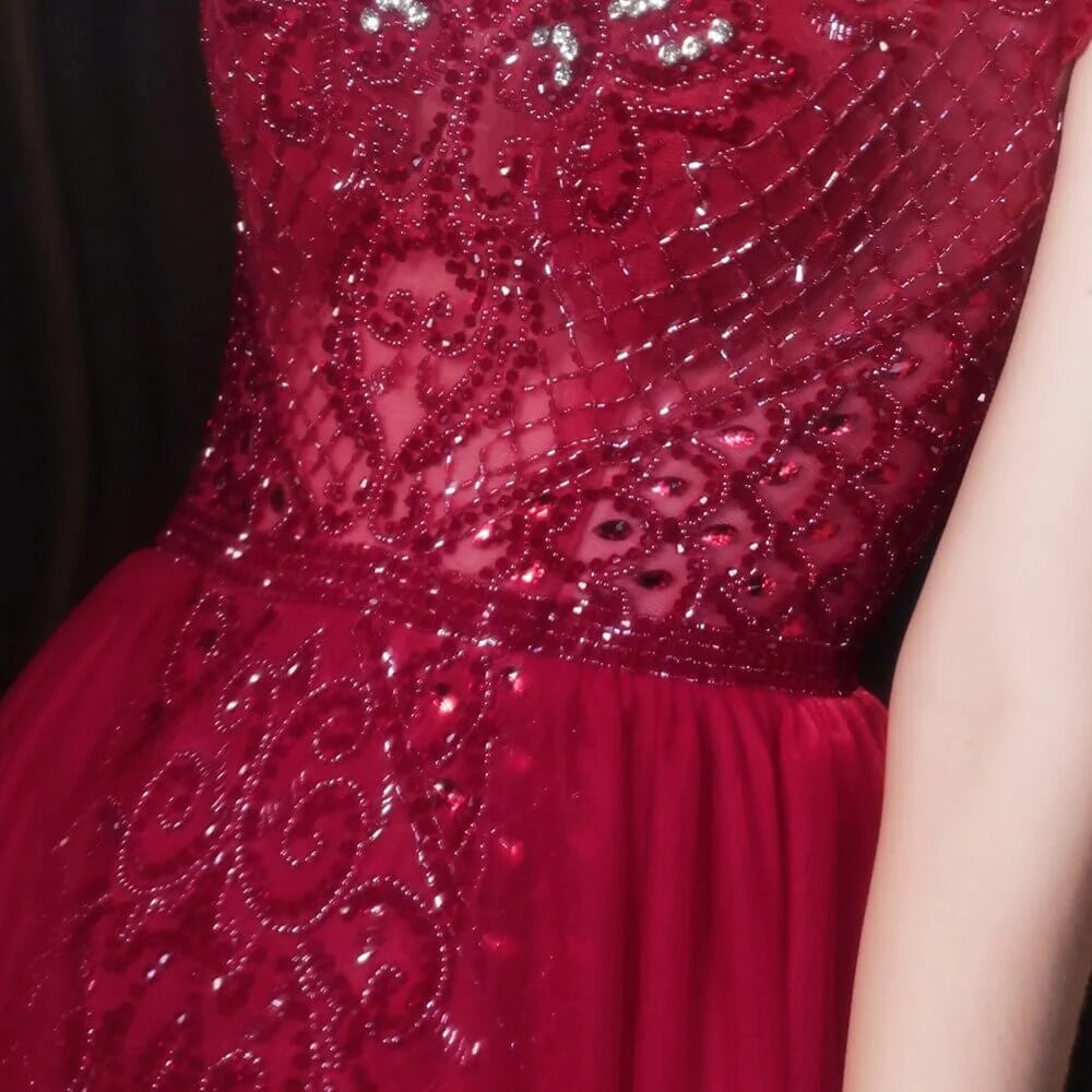 Amazing Burgundy Cap Sleeves Tulle Evening Party Gowns With Beadings-BallBride