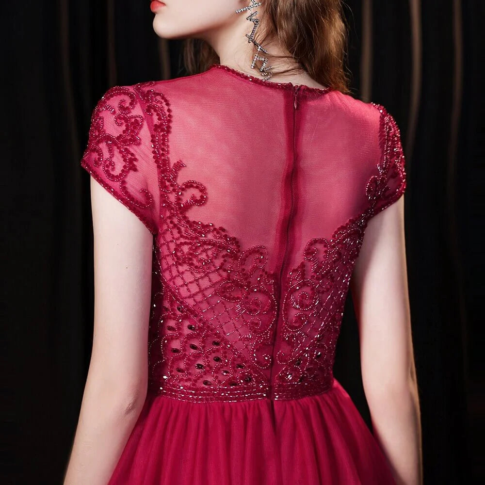 Amazing Burgundy Cap Sleeves Tulle Evening Party Gowns With Beadings-BallBride