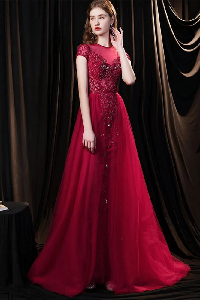 Amazing Burgundy Cap Sleeves Tulle Evening Party Gowns With Beadings-BallBride