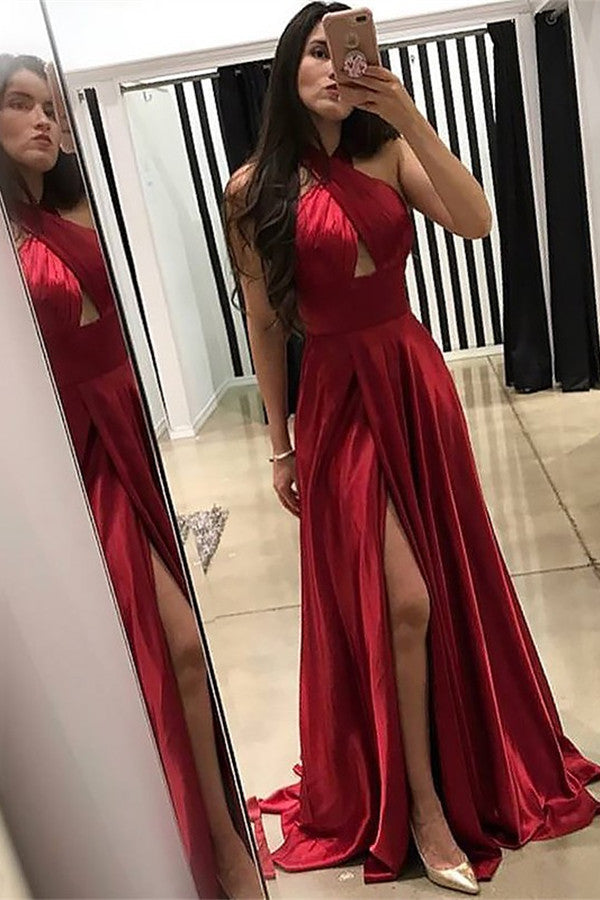 Amazing Burgundy Halter Evening Dress with Slit - Long-BallBride