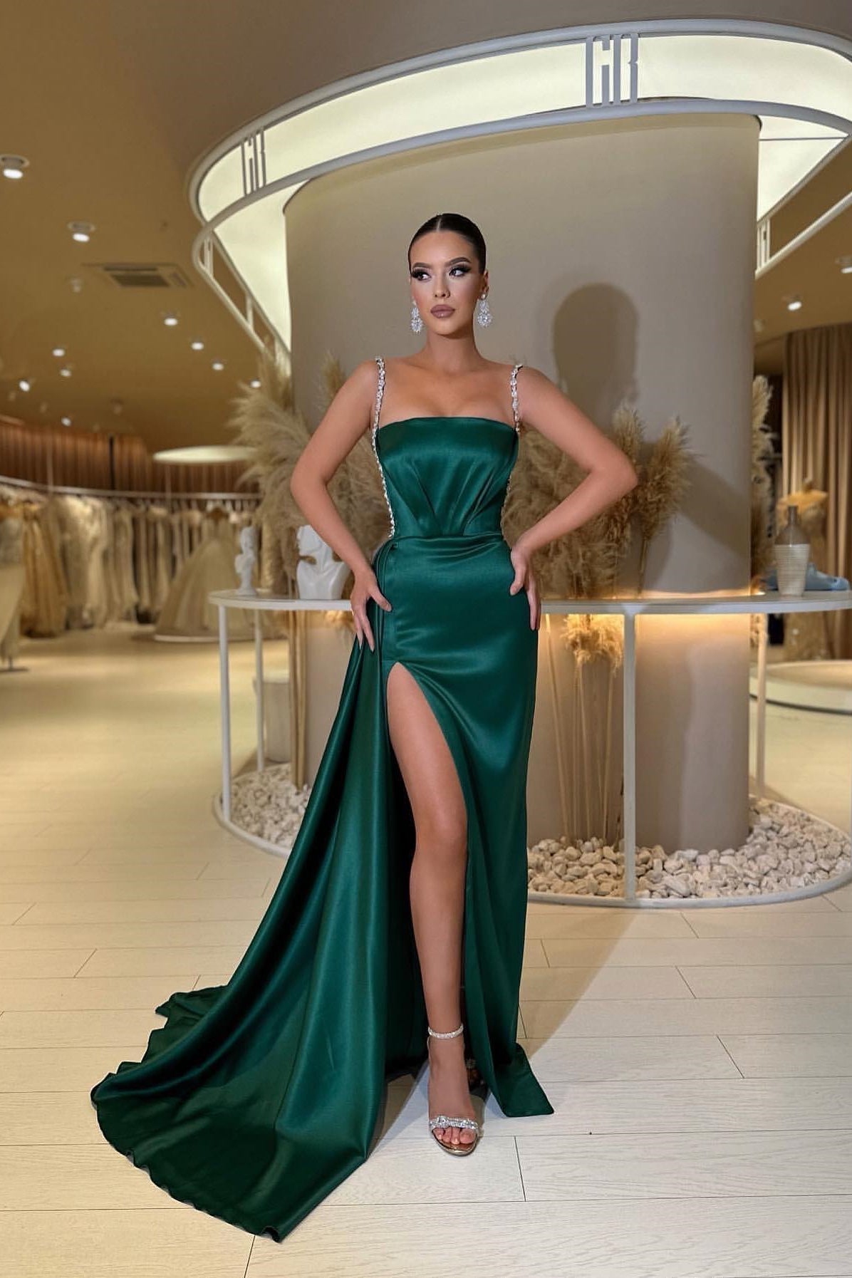 Amazing Dark Green Prom Dress - Sleeveless Split Mermaid With Beads-BallBride