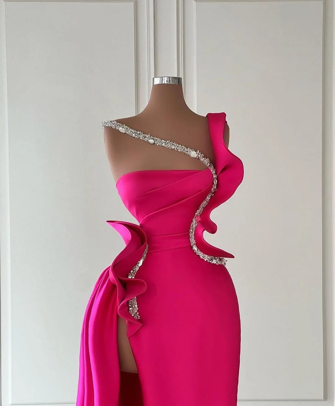 Amazing Fuchsia Mermaid Evening Dress Ruffles With Beads Long-BallBride