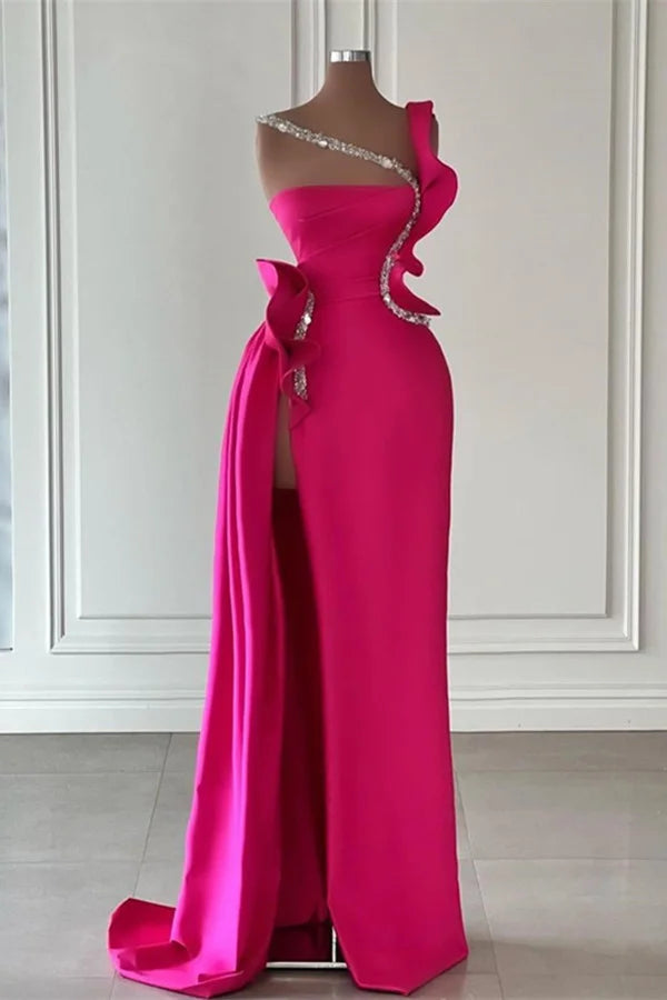 Amazing Fuchsia Mermaid Evening Dress Ruffles With Beads Long-BallBride