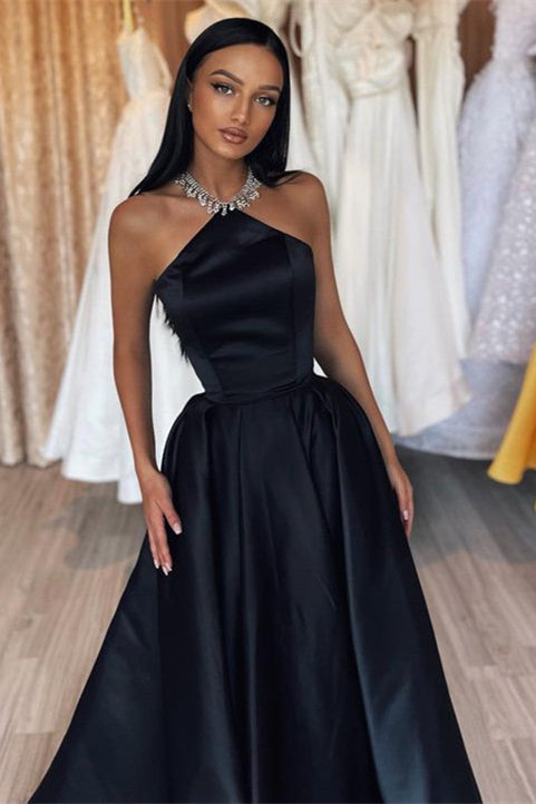Amazing Halter Sleeveless Black Prom Dress Long Satin Party Gowns-BallBride