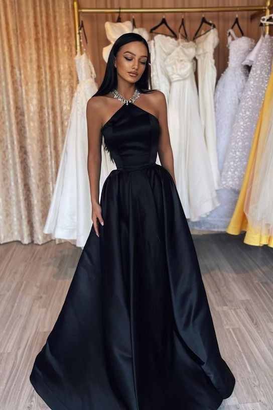 Amazing Halter Sleeveless Black Prom Dress Long Satin Party Gowns-BallBride