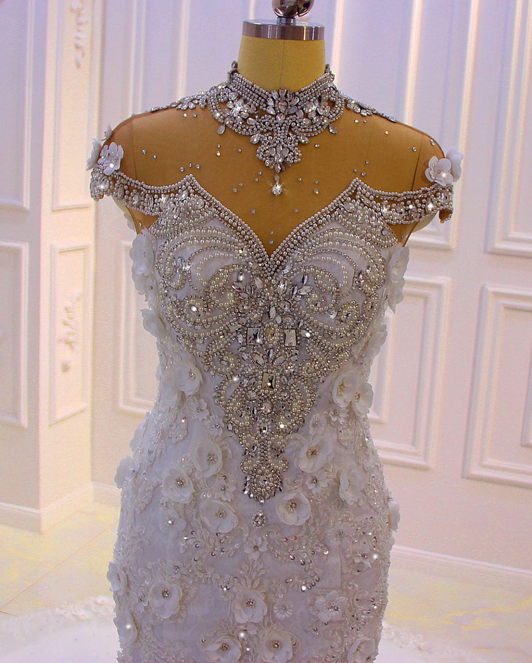 Amazing High Neck Crystal Long Mermaid Wedding Dress With Lace Appliques-BallBride