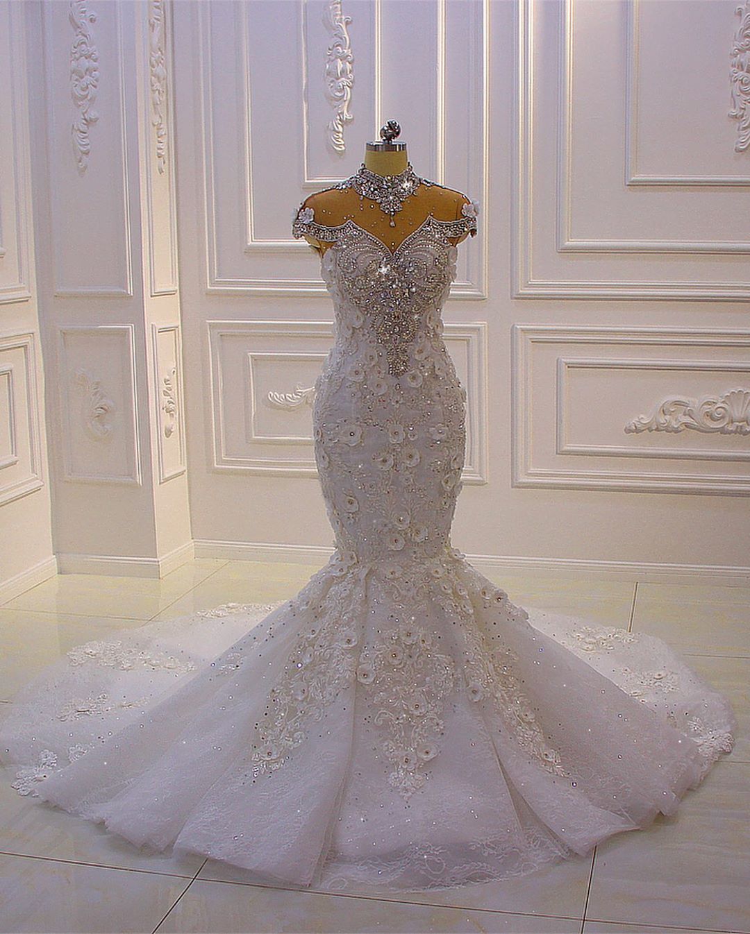 Amazing High Neck Crystal Long Mermaid Wedding Dress With Lace Appliques-BallBride